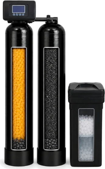 Dual tank system: carbon filter tank, softener tank and brine tank