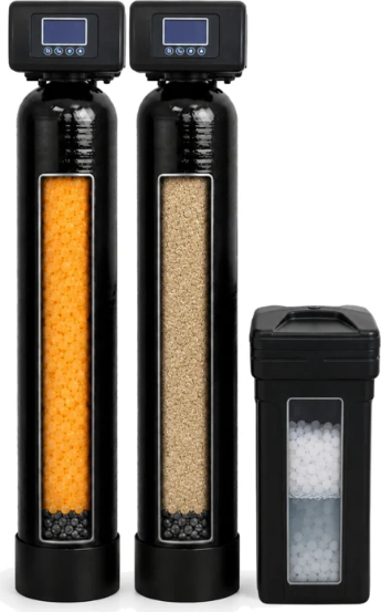 Well water iron filter, water softener and brine tank