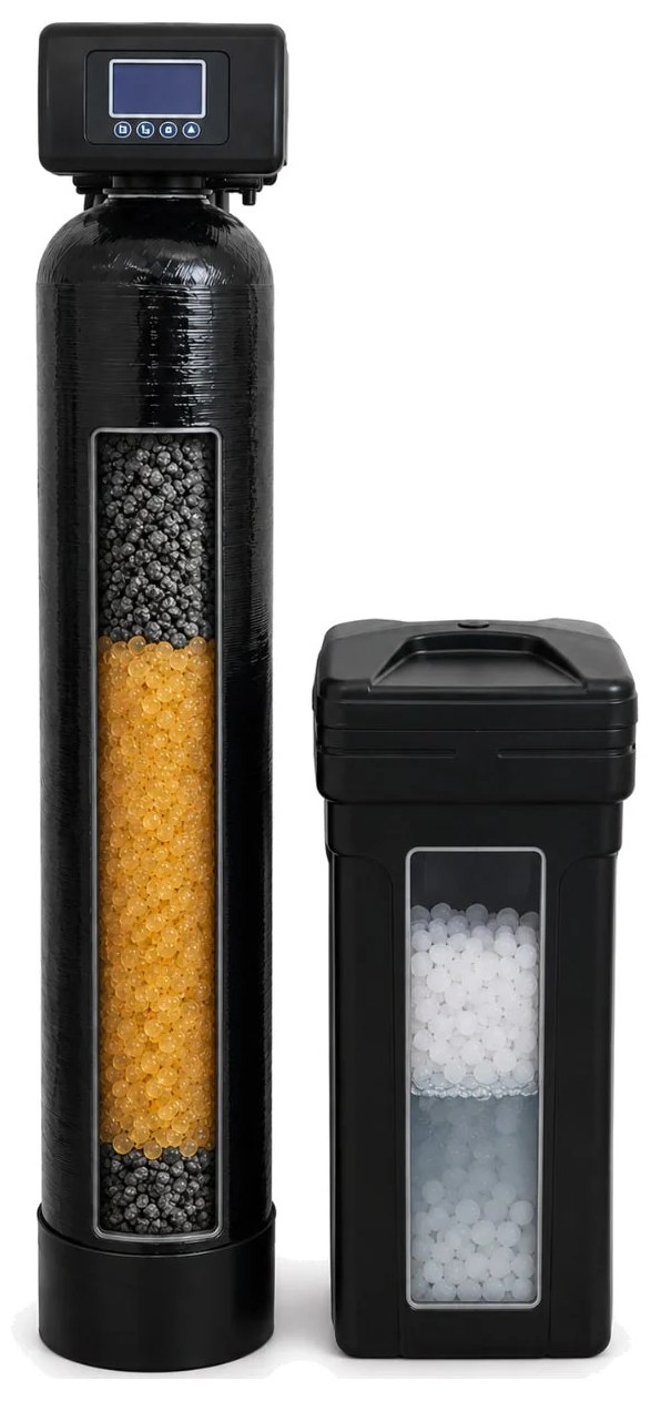 Single tank whole-home water filter and softener with brine tank