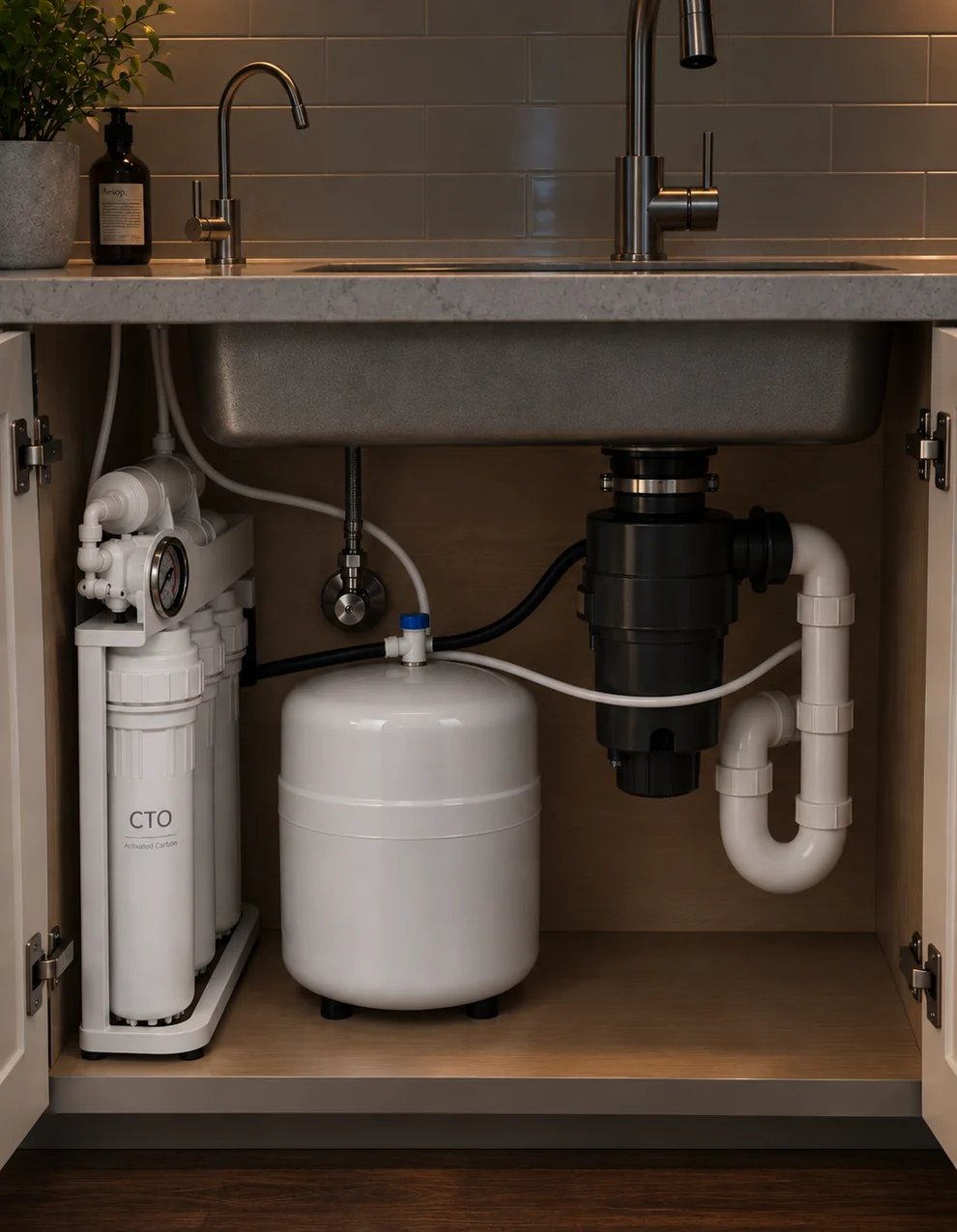 Traditional tank reverse osmosis system installed under a kitchen sink